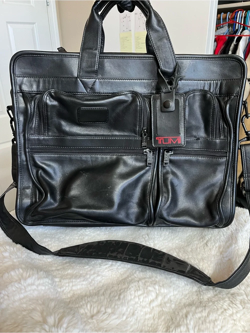 Tumi Black Leather Multi-Pocket Briefcase with Shoulder Strap